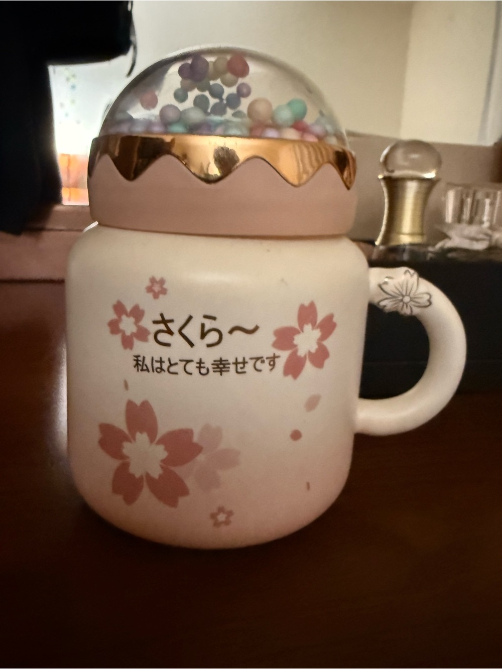 Sakura Pink Ceramic Coffee Mug with Decorative Dome Lid